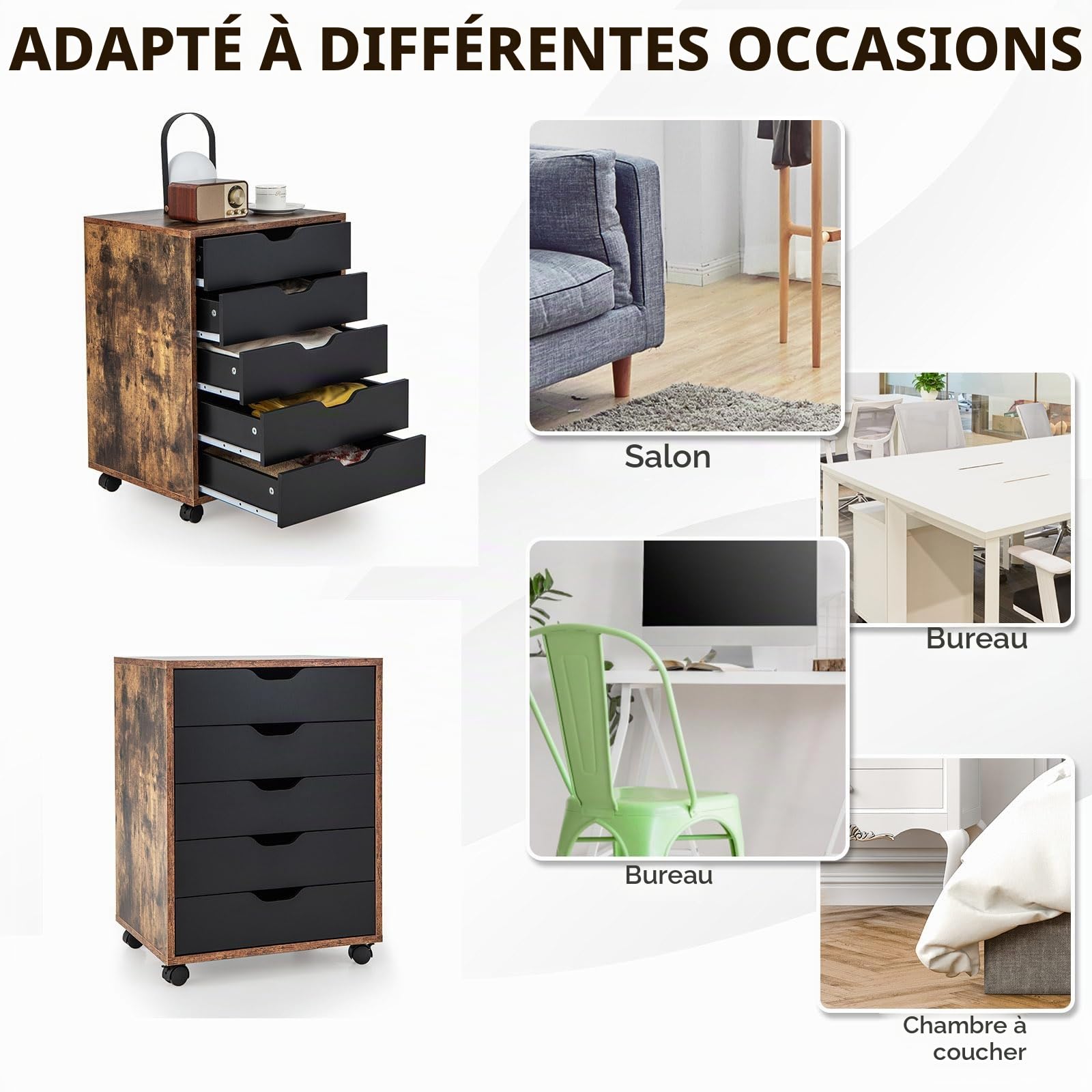 KOMFOTTEU Commode à 5 Tiroirs, Caisson de Rangement Mobile avec 4 Roulettes Universelles, Classeur Vertical en Bois, pour Salon, Chambr, Bureau, Étude, 49 x 42 x 66 cm (Marron rustique)