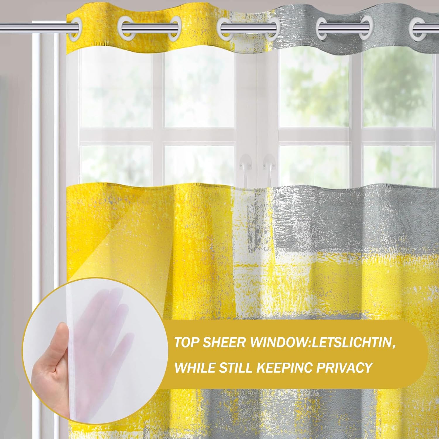 Lnond No Hooks Shower Curtain with Snap in Liner, Yellow and Grey Abstract Hookless Shower Curtain for Bathroom, Machine Washable, 71" (W) X 74" (H)