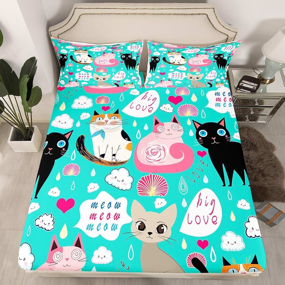 Feelyou Conjunto de cama de gato de desenho animado conjunto de lençol de cama padrão de gatos para crianças, meninos, meninas, adolescentes, adultos, gatinho fofo, animal de estimação, capa de cama de presente para amantes de gatos, 2 peças com 1 fronha tamanho solteiro