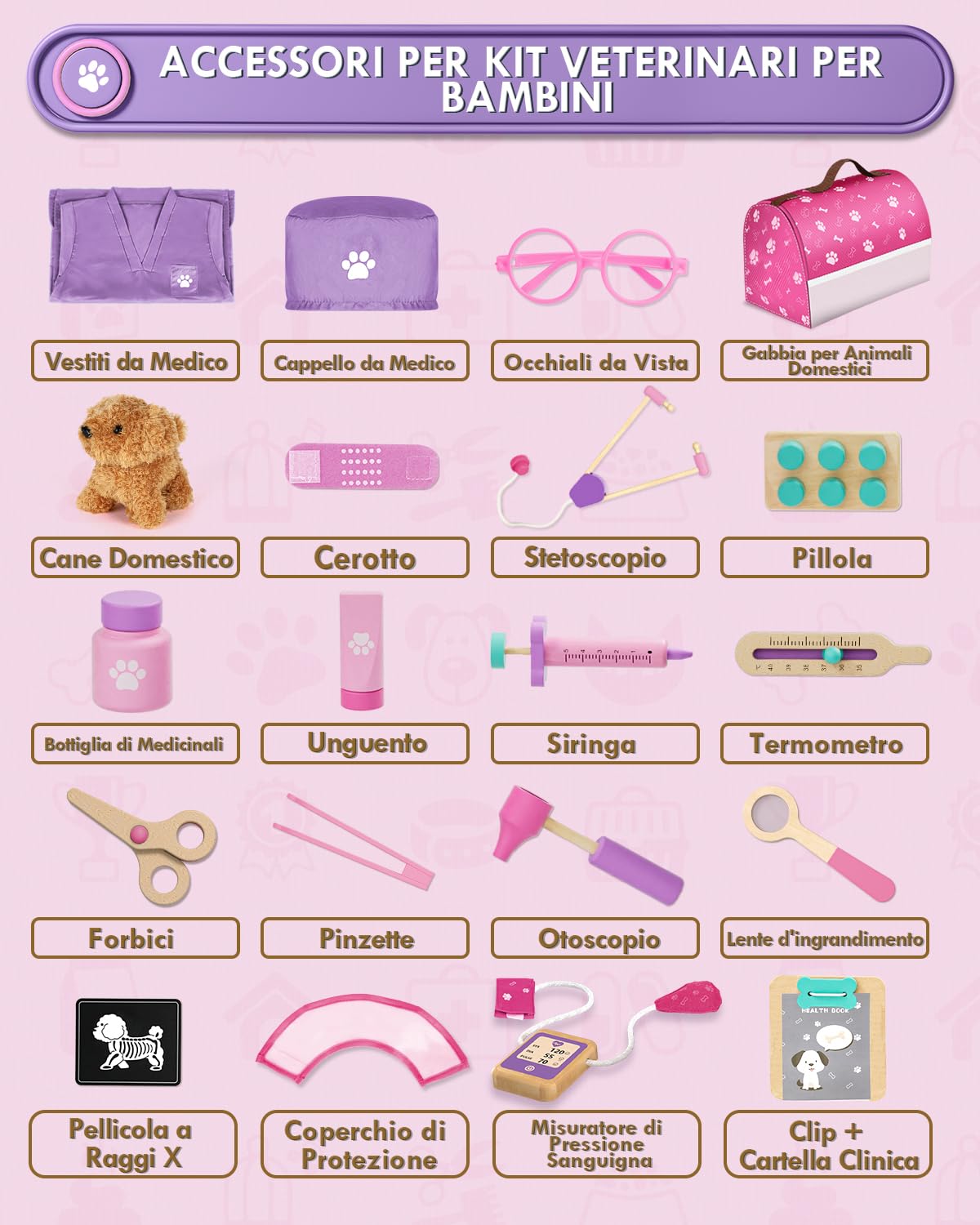 Valigetta Dottore Bambini, Kit Veterinario di Legno, Kit Dottoressa Bambina con Peluche Cane, Valigetta Dottoressa Bambina con Camice e Cappello, Giochi Bambini 3 Anni(Rosa)
