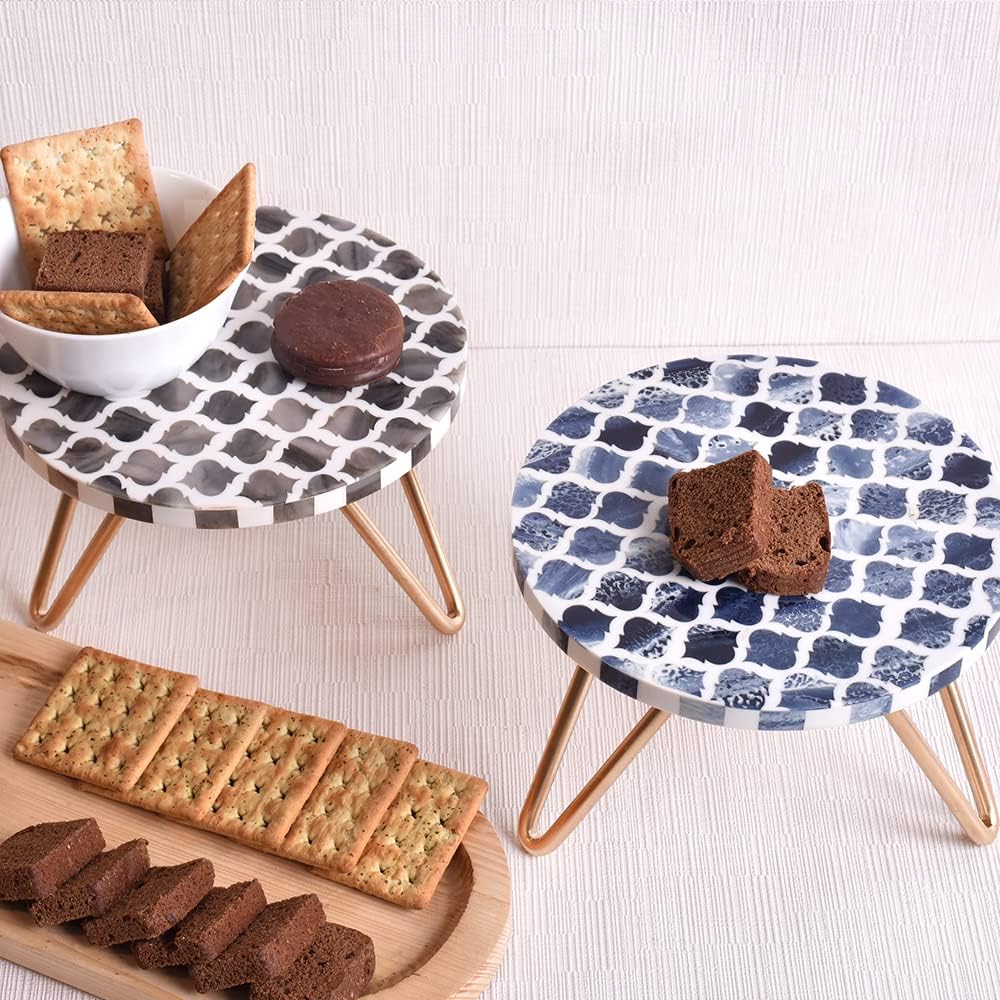 Indian Shelf Vintage Cake Stand | Wood Fruit Stand for Countertop | Moroccan Motifs Reusable Fruit Dessert Cheese Serving Stand [Grey and Blue, 2 Pack]