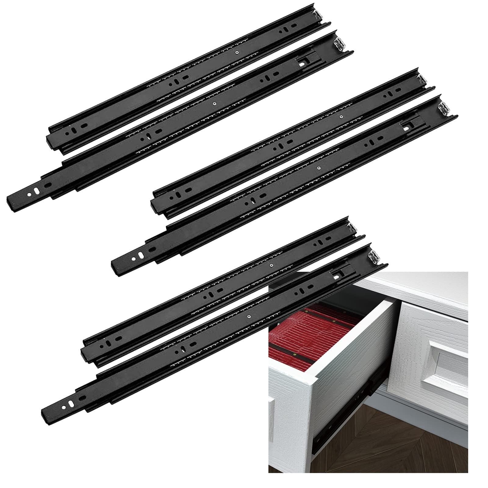 Guías para cajones de gabinetes Guías for cajones de 3 pliegues, ancho 45 mm, guías for cajones for gabinetes de cocina, montaje lateral, robustas y estables, guías con rodamientos de bolas de extensi