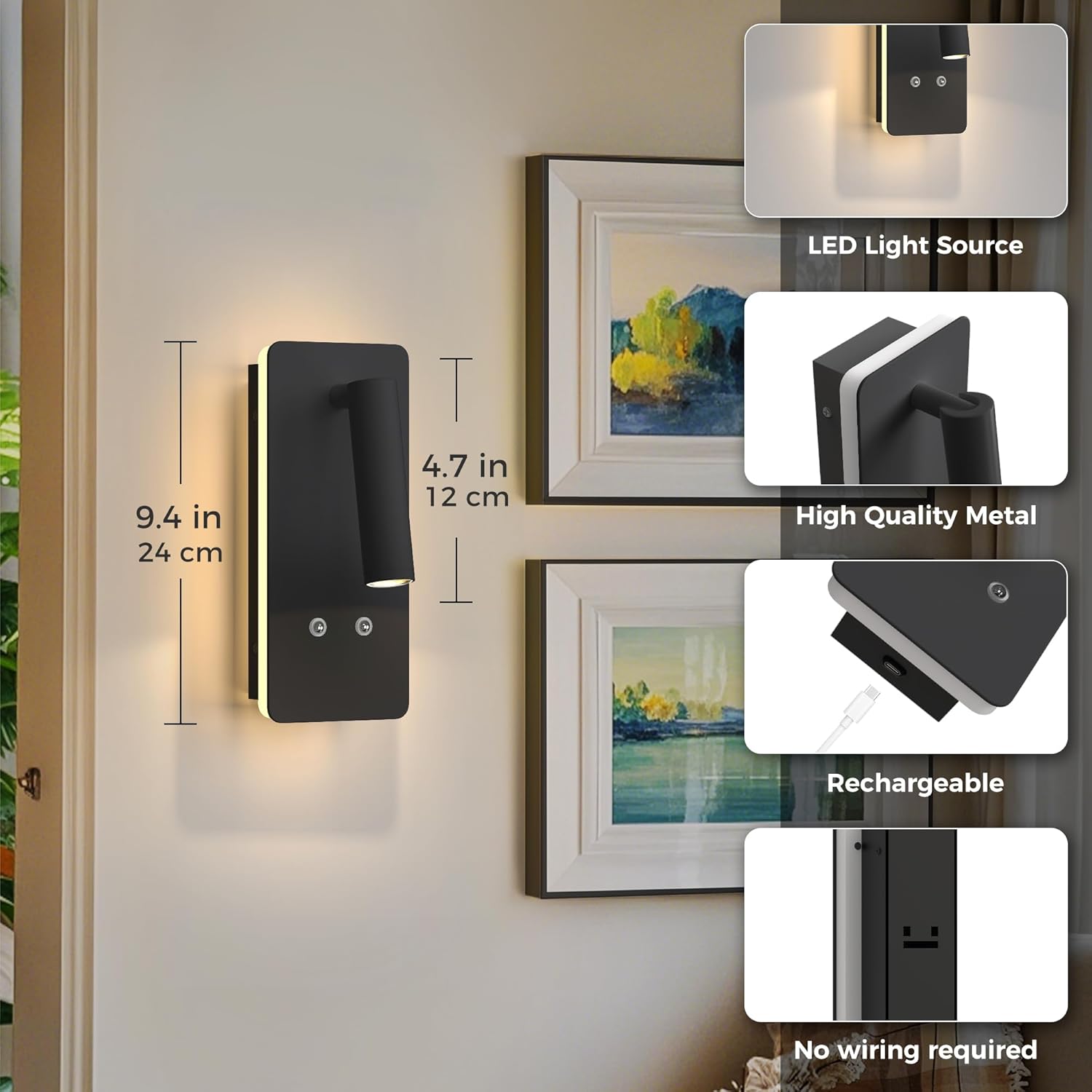 L LOHAS LED Wall Mounted Reading Light, Wireless Wall Sconces Set of 2, Battery Operated Wall Lamp with Remote & Type-C Charging, Dimmable Bedside Lamp for Bedroom, Living Room, Black