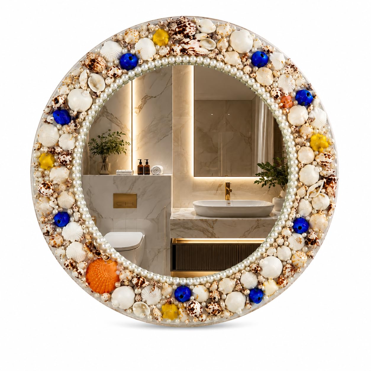 Ocean Pearl 14 Handmade Sea Shell Wall Mirror | 14 Inch Round Decorative Bathroom & Vanity Mirror | Pearl & Stone Frame | Coastal Home Decor-image-7