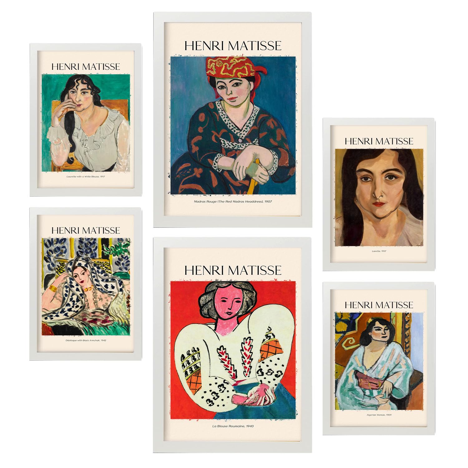 Nacnic Poster set di 6 Henri Matisse Collezione di opere d'arte, Quadri decorativi per il tuo salotto, camera da letto, casa. Stampe d'arte da parete. A4 and A3 with White Frames