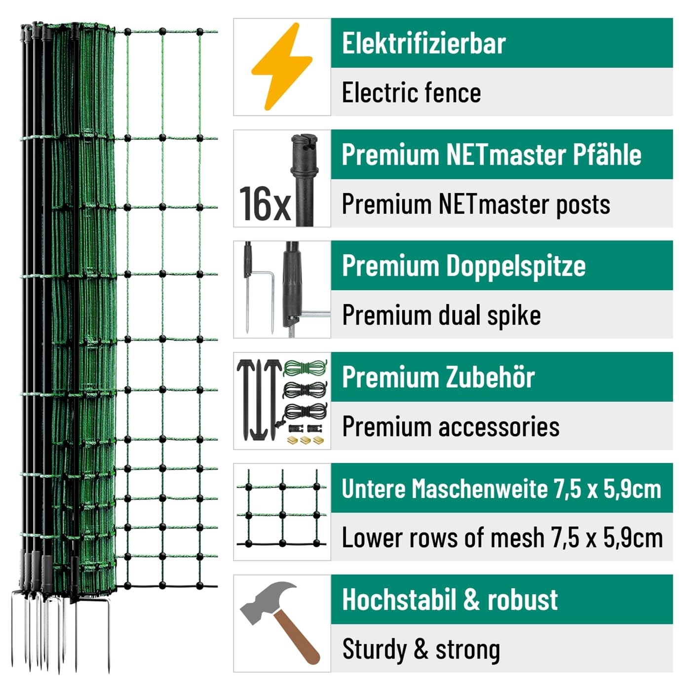 VOSS.farming farmNET-75 50m Hühnerzaun, Geflügelnetz, 112cm, 16 Pfähle, 2 Spitzen, grün, elektrifizierbar, Hühnernetz, Hundenetz, Katzennetz