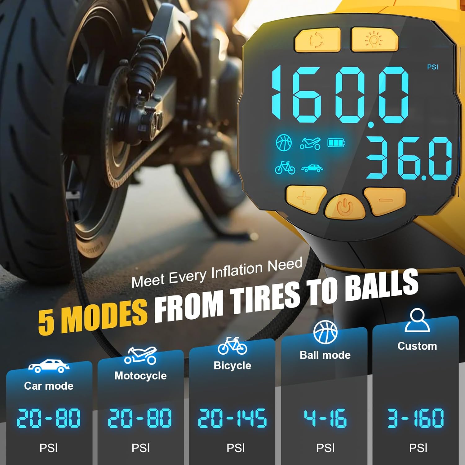 Cordless Tire Inflator Air Compressor Compatible with Dewalt 20V Battery, 160PSI Portable Air Pump with Digital Pressure Gauge, Fast Inflation for Cars, Motorcycles, Bikes(Bare Tool) - Image 5