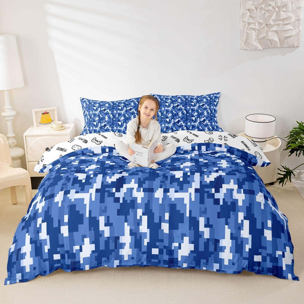 Pixelated Miners Grid Duvet Cover Set Toddler Size,Royal Blue Checkered Bedding Set 2pcs,Geometric Miner Gaming Quilt Cover with Zipper Closure,Kids Boys Girls Room Decor,1 Pillowcase,No Comforter image 2