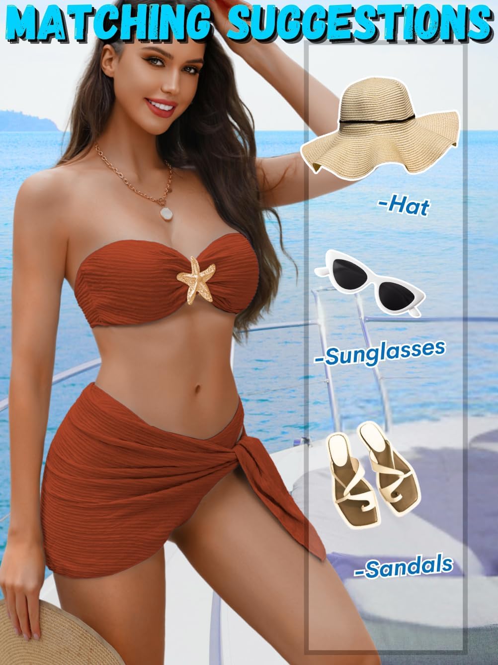 Sexy Womens Starfish 3 Piece Bikini Set, Textured Halter Bandeau Swimsuit Cover Up Skirt, Bathing Suit Beach Outfits - Image 5