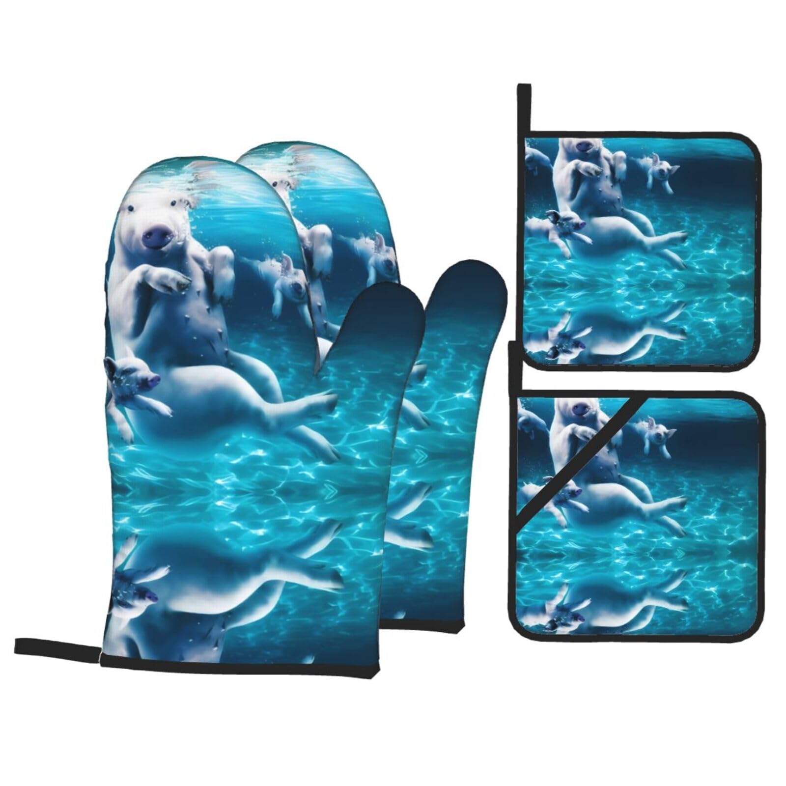 HJFCZH Swimming Pigs Prints Kitchen Throw Set: Durable Oven Layers with Waterproof Polyester – 4 Piece Heat Protection System