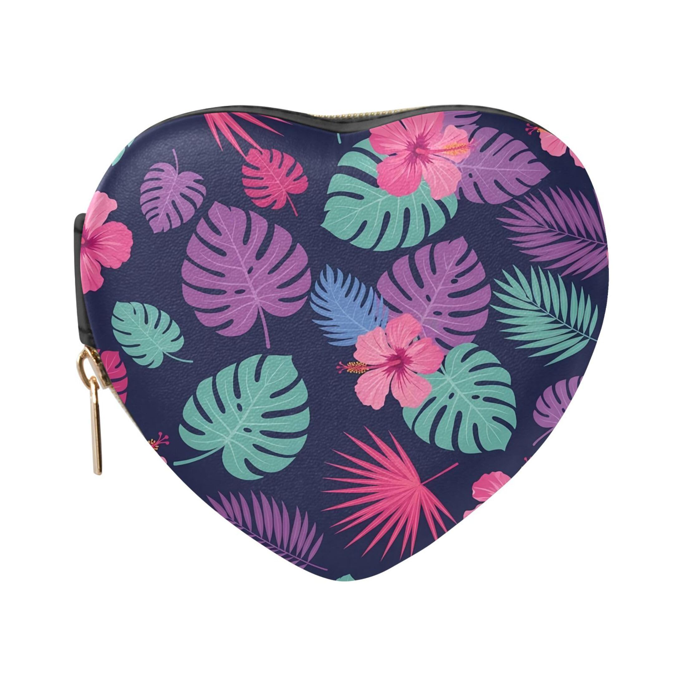 Fuauuyl Hibiscus Monstera Leaves Small Jewelry Box Heart-Shaped Jewelry Case, Portable Travel Organizer Bridesmaid Proposal Gift for Women Girls