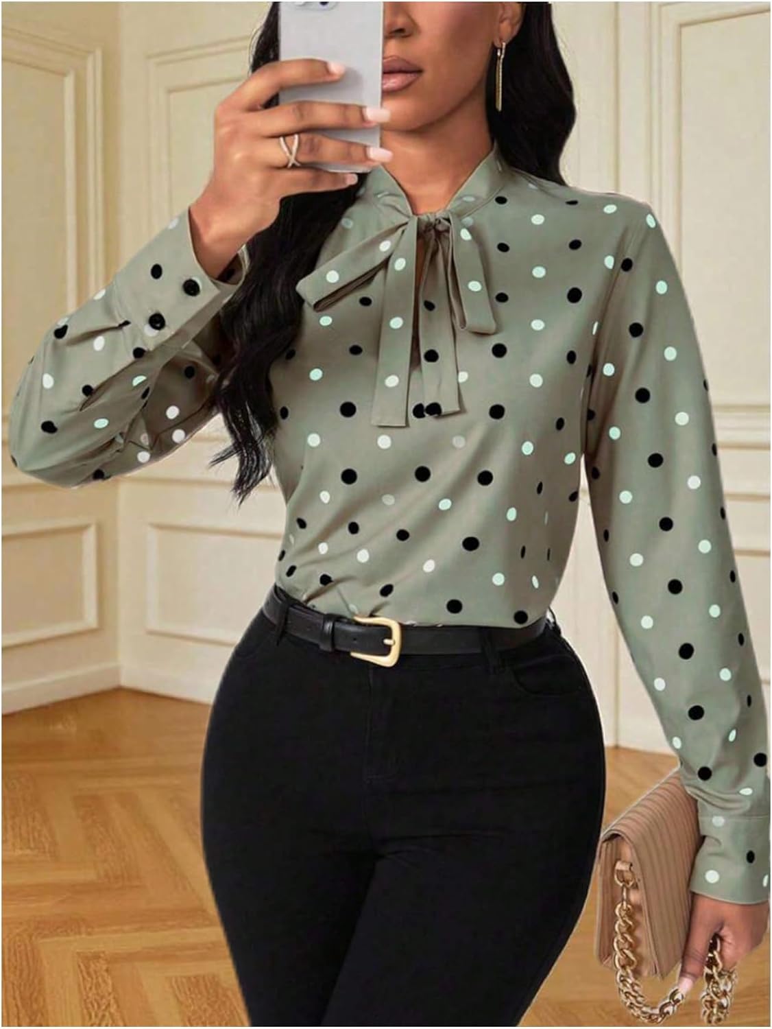 Floerns Women's Elegant Polka Dots Tie Neck Blouse Tops Long Sleeve Dressy Casual Outfit - Image 2