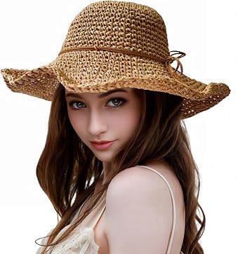Womens Straw Beach Sun Hats, Foldable Packable Floppy Handmade Crochet Hats