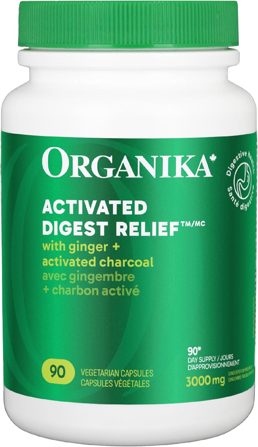 Organika Canadian-Made Digest Relief- with Ginger and Activated Charcoal- Relief for Digestive Upset, 90 Count (Pack of 1)