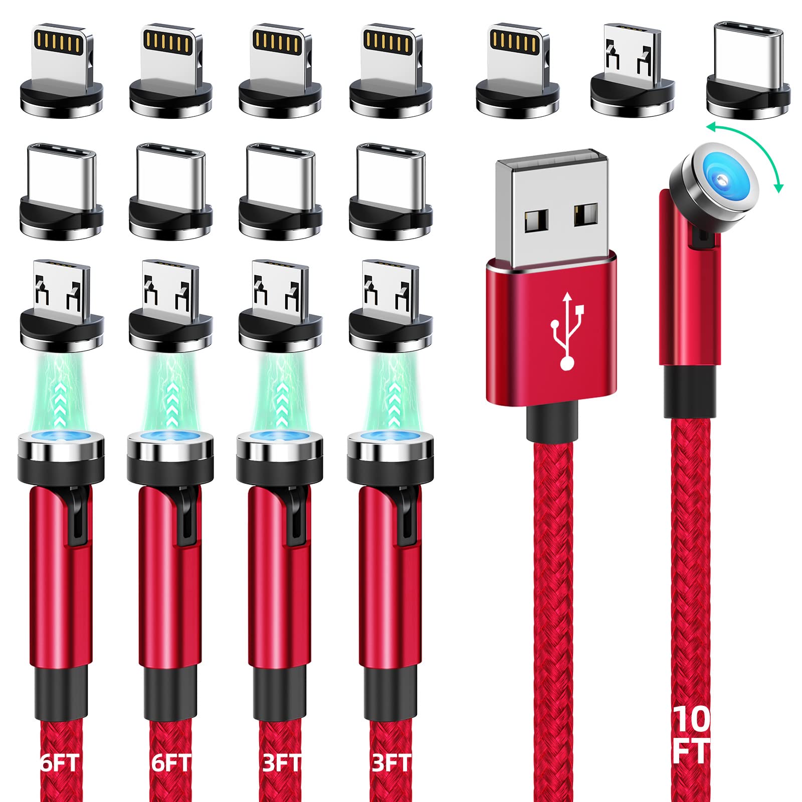 Magnetisches Ladekabel, 360° und 180° drehbar, 5-in-1 magnetisches Handy-Ladekabel, 3er-Pack [0,9m/1,8m/3 m] 3A Schnellladekabel Unterstützung