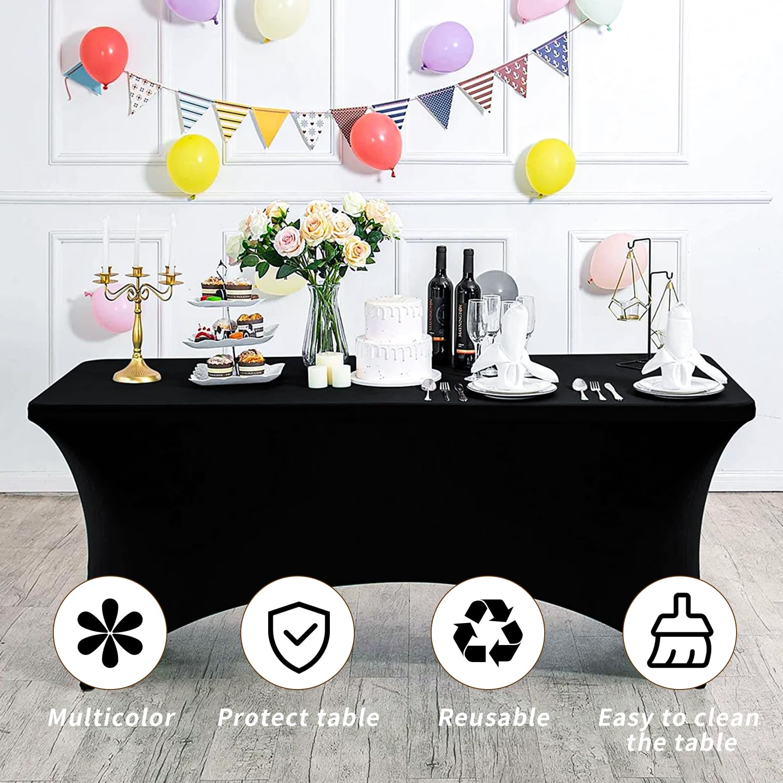 Fixwal Lot de 10 nappes Extensibles en élasthanne de 2,4 m pour Table de Patio, événement, Mariage, Banquet, fête (Noir, 243,8 x 76,2 x 76,2 cm)