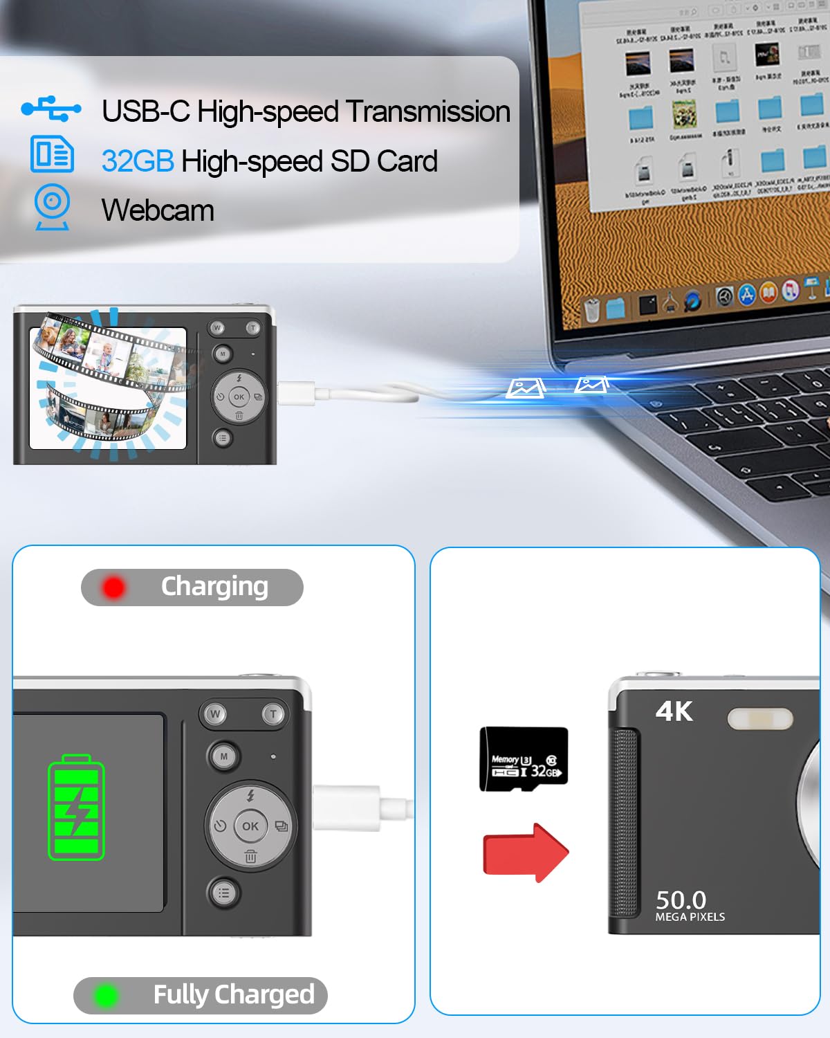 Appareil Photo Numérique UHD 4K 50MP Autofocus avec Carte SD 32 Go, Zoom 16X, Anti-Shake, 2 Batteries, Compact Noir