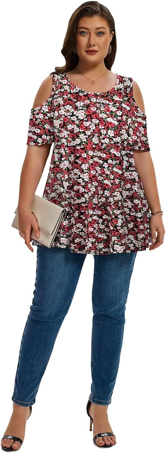 LARACE Plus Size Cold Shoulder Tops for Women Short Sleeve Tunics Shirts Loose Summer Clothes Blouses to Wear with Leggings - Image 6