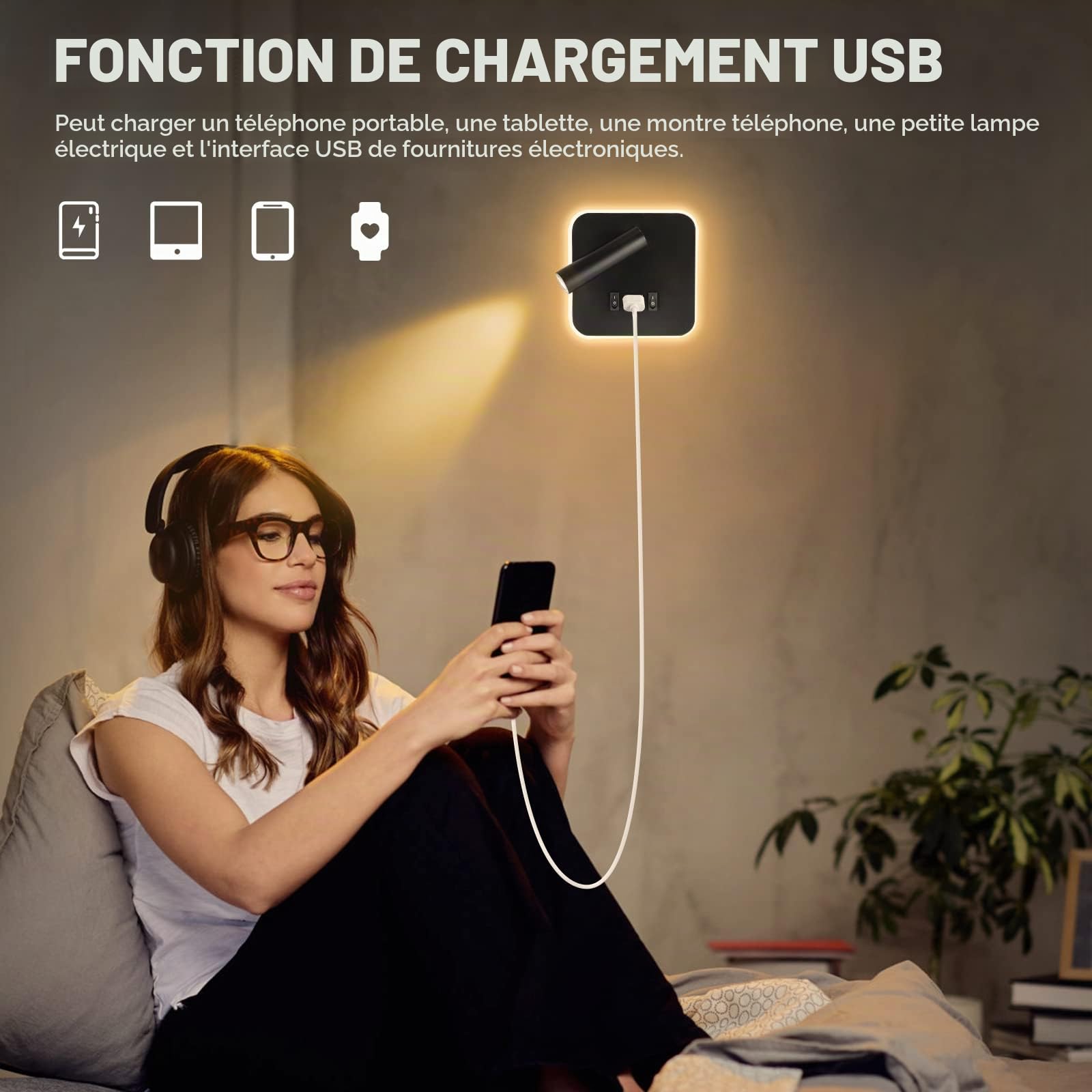 Lampe de Lecture de Chevet 3W + 9W 3000K, applique Applique Murale LED avec avec Port de Charge USB et Interrupteur, Lampe de Lit Spot Réglable pour chambre escaliers salons hôtel (carré 2 noir)