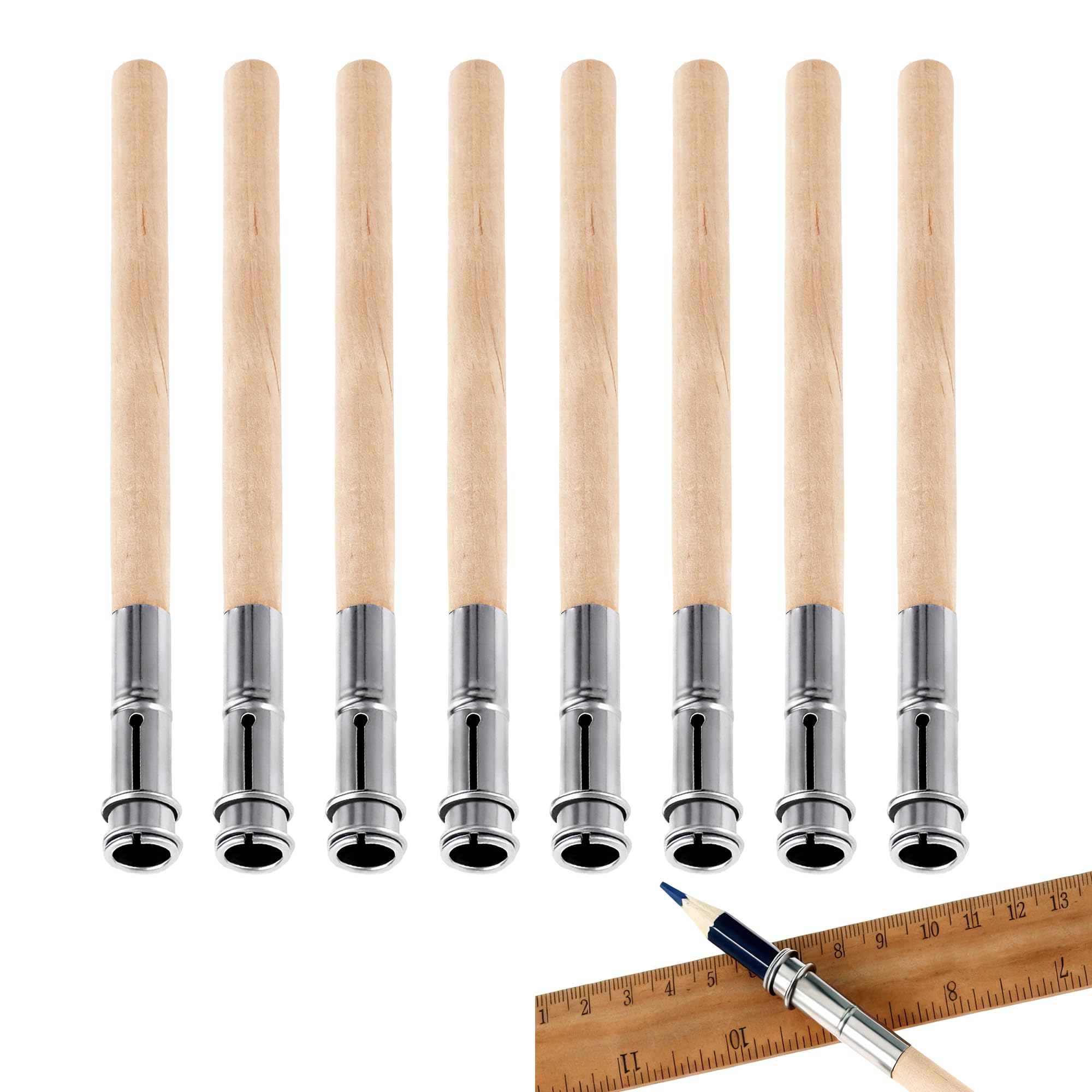 REKUA 8PCS Wooden Pencil Extenders Set, Adjustable Pencil Extender for Artists and Students, Lightweight Pencil Lengthener Tool with Aluminum Tightening Ring, Practical School and Office Supplies