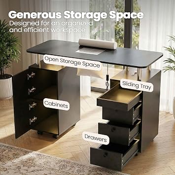 Nail Tech Table with Dust Collector & LED Light, Rolling Manicure Desk with Storage Drawers & Cabinets, Lockable Wheels, Acetone-Resistant Beauty Workstation for Salon, Home (Black)