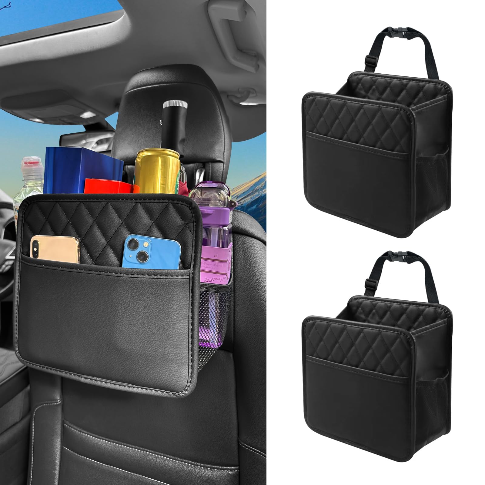 2 Pack Upgraded Car Seat Organizer Backseat with Storage Pockets, Multipurpose Car Organizer Hanging Car Trash Bag Premium PU Leather Garbage Can 2.14 Gallon Large Capacity Accessories Black