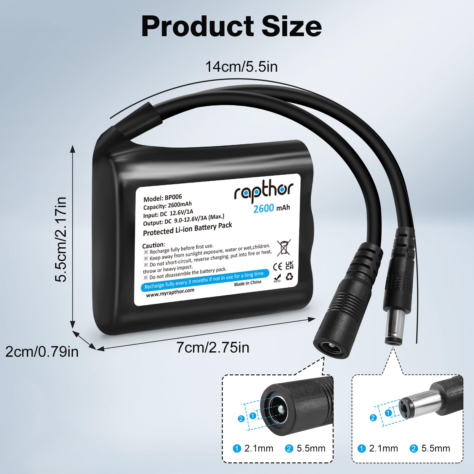 Rapthor Batterie Lithium-ION Rechargeable 12 V 2600 mAh avec Chargeur, Compatible avec Les appareils 12 V, Les projets de Bricolage, Les radios, Les Lampes de pêche, Les Bandes