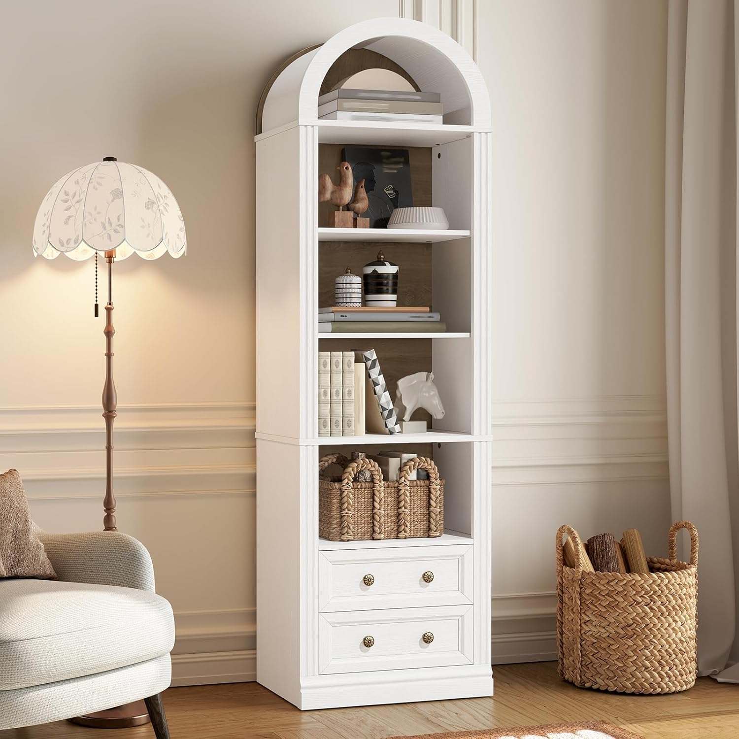 RALGEND Tall Narrow Bookshelf, Arched Bookshelf with 2 Drawers, 7-Tier Farmhouse Arch Bookcase, Wooden Book Shelf with Open Display Shelves for Office, Living Room, Kitchen, White and Walnut