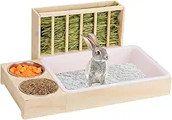 Caixa de areia de coelho 3 em 1 com alimentador de feno e tigelas - Alimentador de feno de coelho de madeira para porquinho-da-índia, hamster, pequenos animais