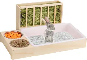 Caixa de areia de coelho 3 em 1 com alimentador de feno e tigelas - Alimentador de feno de coelho de madeira para porquinho-da-índia, hamster, pequenos animais