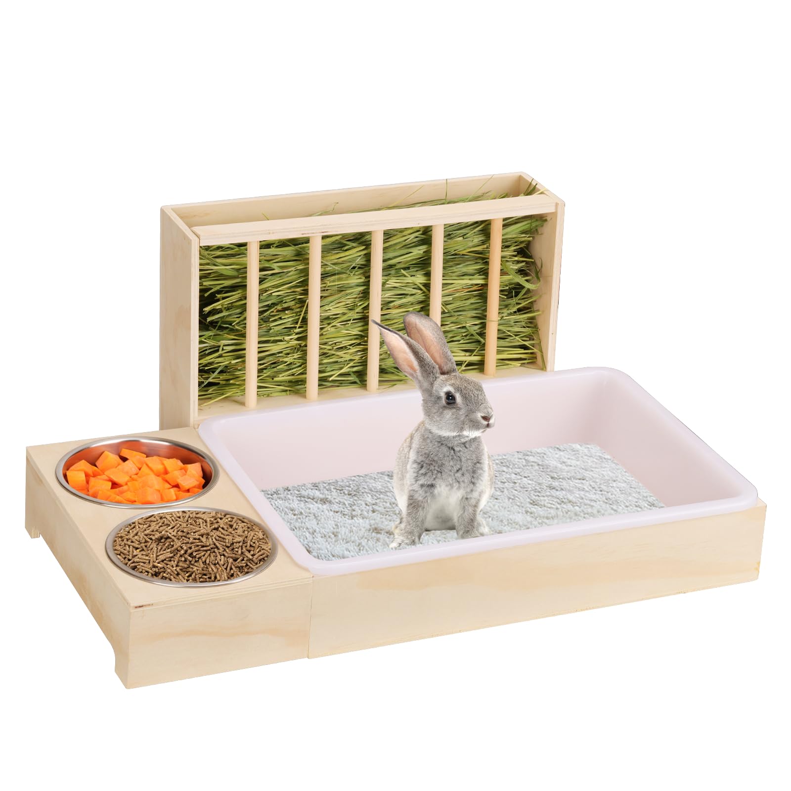3 in 1 Rabbit Litter Box with Hay Feeder and Bowls - Wooden Rabbit Hay Feeder for Guinea Pig, Hamster, Small Animals