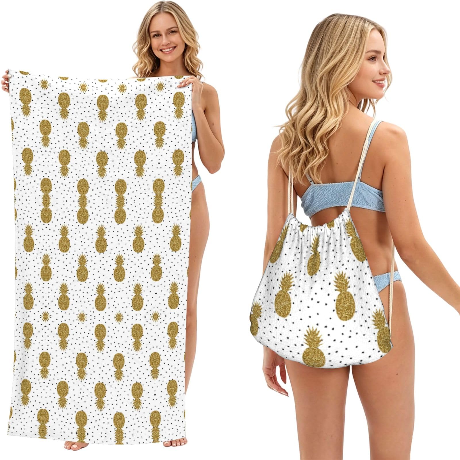 ESNAIUVCD Gold Glitter Pineapples Fruit Print Beach Towel For Adults,Towel With Drawstring Bag, Travel Pool Swimming Sports Shower Sand Free Quick Dry Bath Towel For Pool, Beach, Yoga- 180x60cm