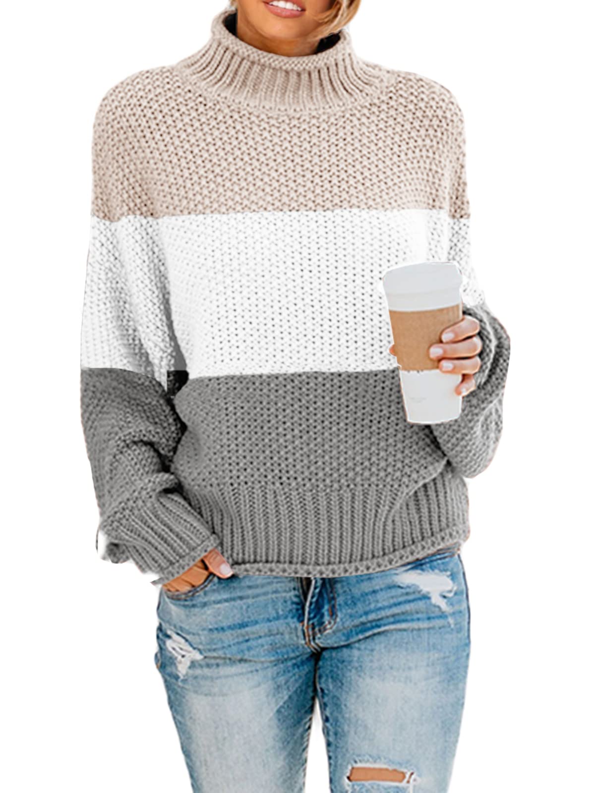 Photo 1 of Saodimallsu Womens Turtleneck Oversized Sweaters Batwing Long Sleeve Pullover Loose Chunky Knit Jumper XX-Large Striped Grey