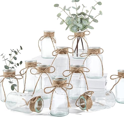 Jarrones de cristal para centros de mesa, 12 piezas de florero transparente vintage pequeño para flores, mini botella decorativa de cristal