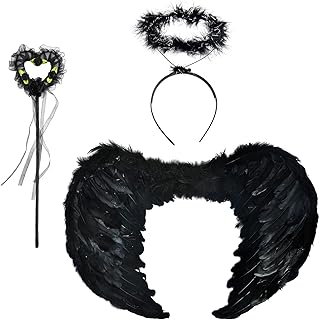 Abnaok Disfraz de ángel, alas de ángel con aureola y varita mágica, 60 x 45 cm, color negro