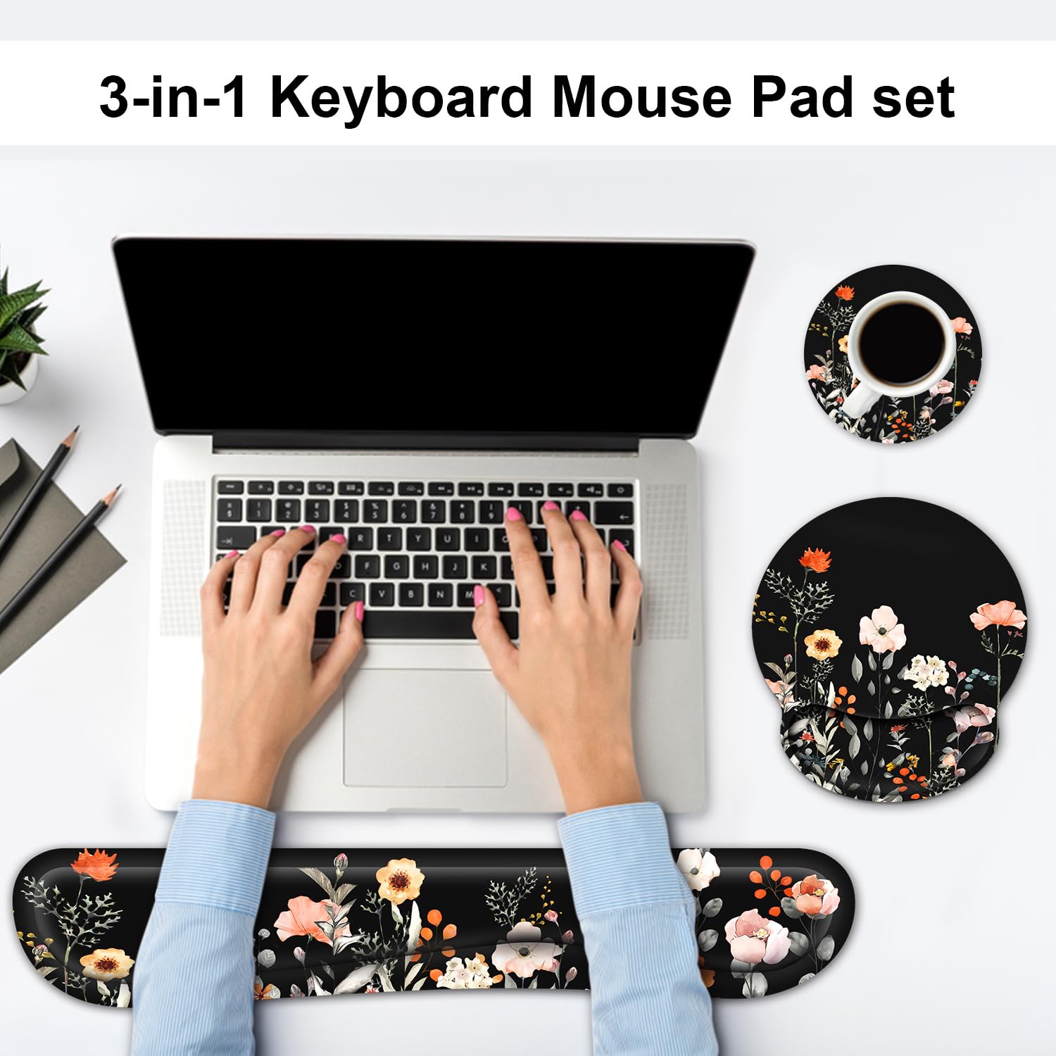 G JGOO Alfombrilla para mouse con reposamuñecas y reposamuñecas para teclado, reposamuñecas para teclado de computadora, alivio del dolor de espuma viscoelástica con base de goma antideslizante para
