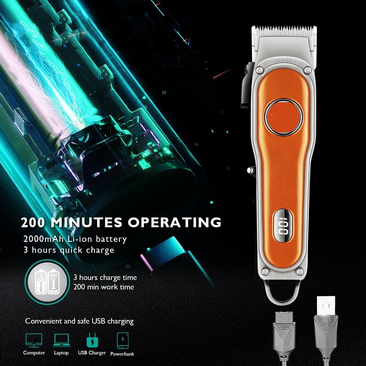 Electric Hair r rs for Men Professional Trimmer LED Display Cutting Machine Adjustable Barber for Salon(Orange)