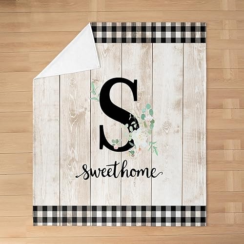 Miniatura 3 de Erosebridal Flower Initial S Flannel Blanket White Floral Flowers Fleece Blanket,40"X50",Personalized Letters Fuzzy Plush Throw for Sofa