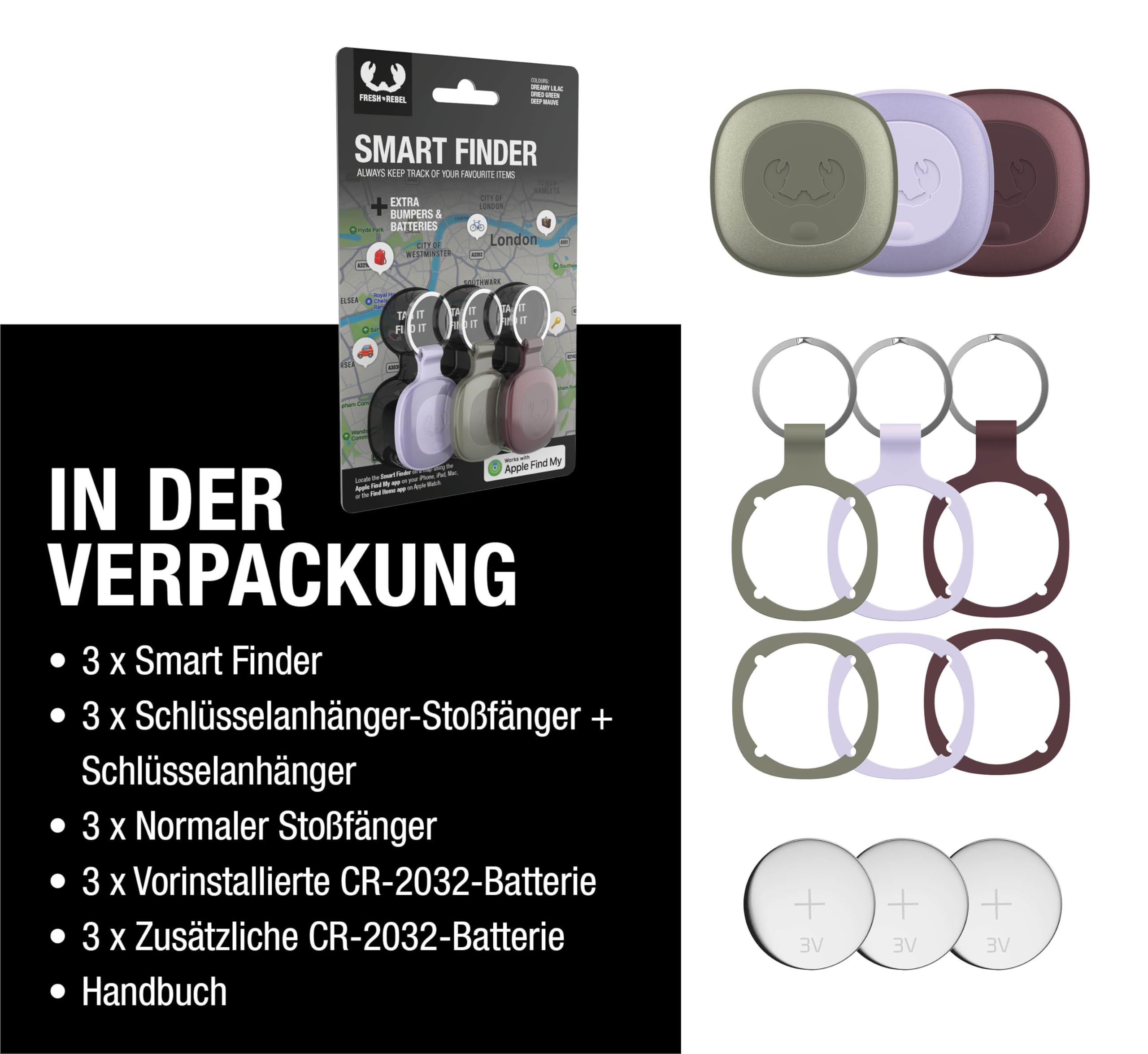 Fresh 'n Rebel Smart Finder – współpracuje z Apple Wo IOS? (IOS), lokalizator kluczy z głośnikiem, Smart Tag, IP67 pyłoszczelny i wodoszczelny, (Dreamy Lilac, Dried Green, Deep Mauve, 3-pak)