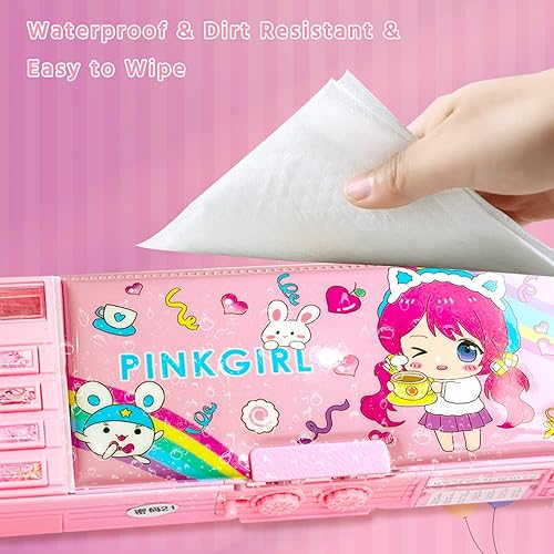 Miniatura 4 de Estuche multifunción desplegable para niñas, bonito organizador de bolígrafos de dibujos animados con bloqueo de contraseña, sacapuntas, horario,