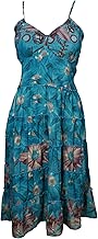 Womens Midi Tank Dress Blue Printed Summer Beach Dress S/M
