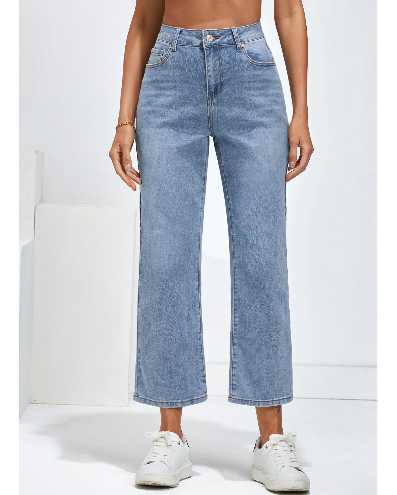 Vetinee Jean pour femme, taille haute, jambes larges, extensible, baggy, coupe droite
