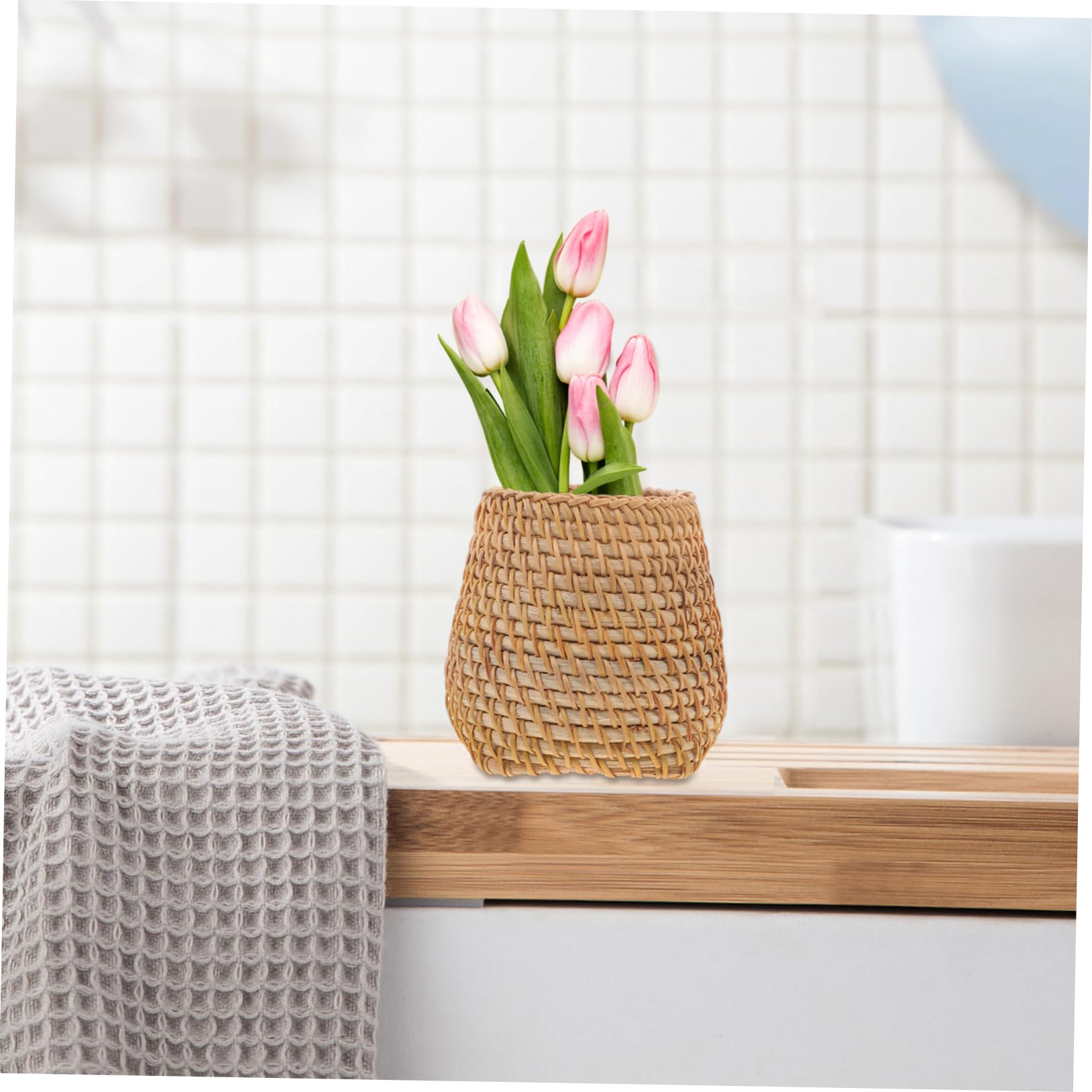 Lurrose 5piezas Organizador De Escritorio De Ratan Soporte Multi-funcional Para Lápices y Cosméticos Recipiente Para Oficina y Hogar Para Almacenar Utensilios y Maquillaje