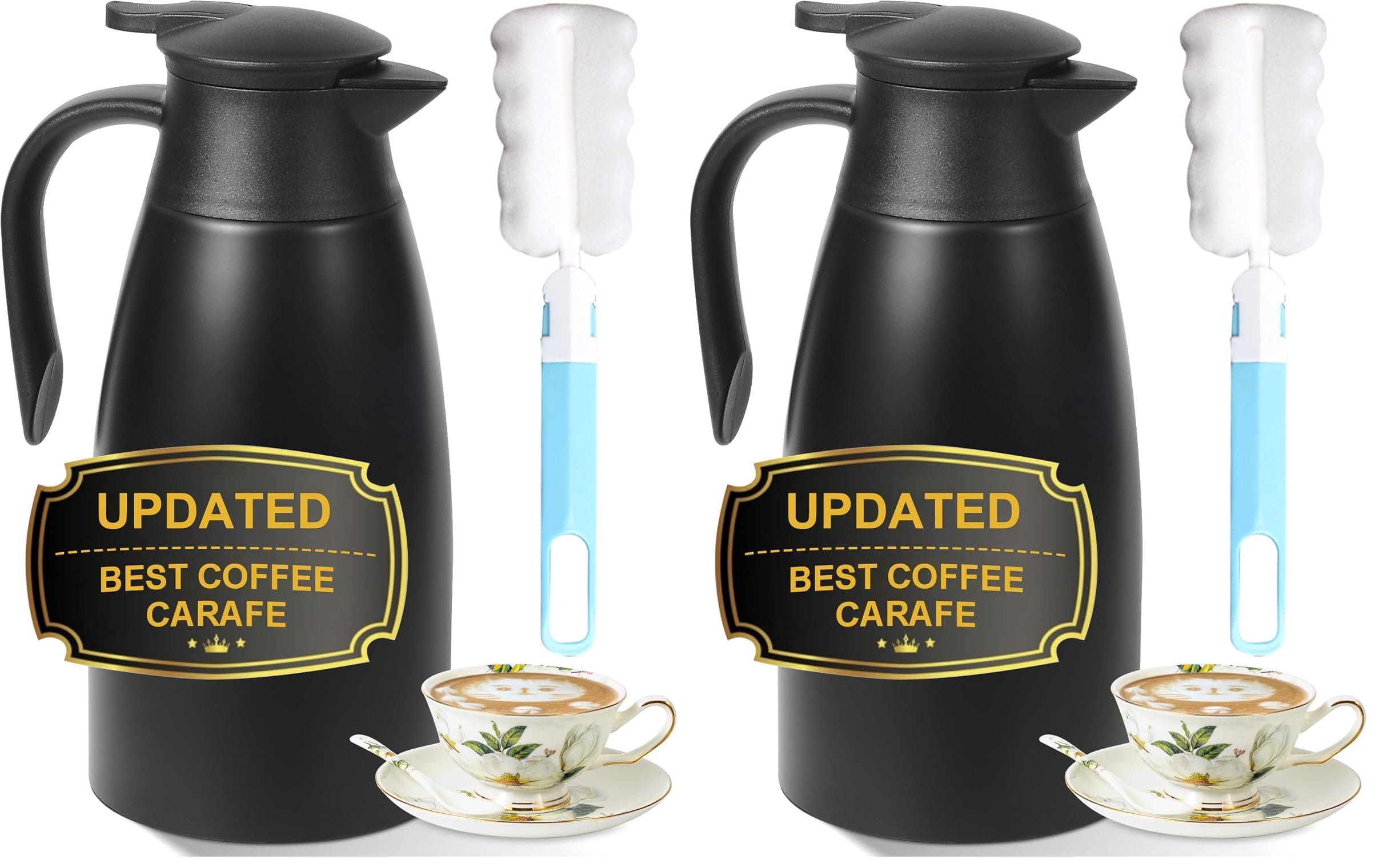 70oz Thermal Coffee Carafe for keeping hot,Updated Carafes for hot liquid, Stainless Steel Insulated Thermal Pot for Coffee, Hot Water,Keep Hot 12 Hours (Black 2.1 L) (Pack of 2)