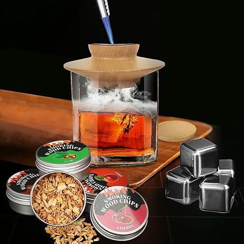 Miniatura 2 de Kit de ahumador de whisky, regalos para hombres, 4 piezas de chips de madera de sabores + 4 cubitos de hielo de acero inoxidable, accesorios para