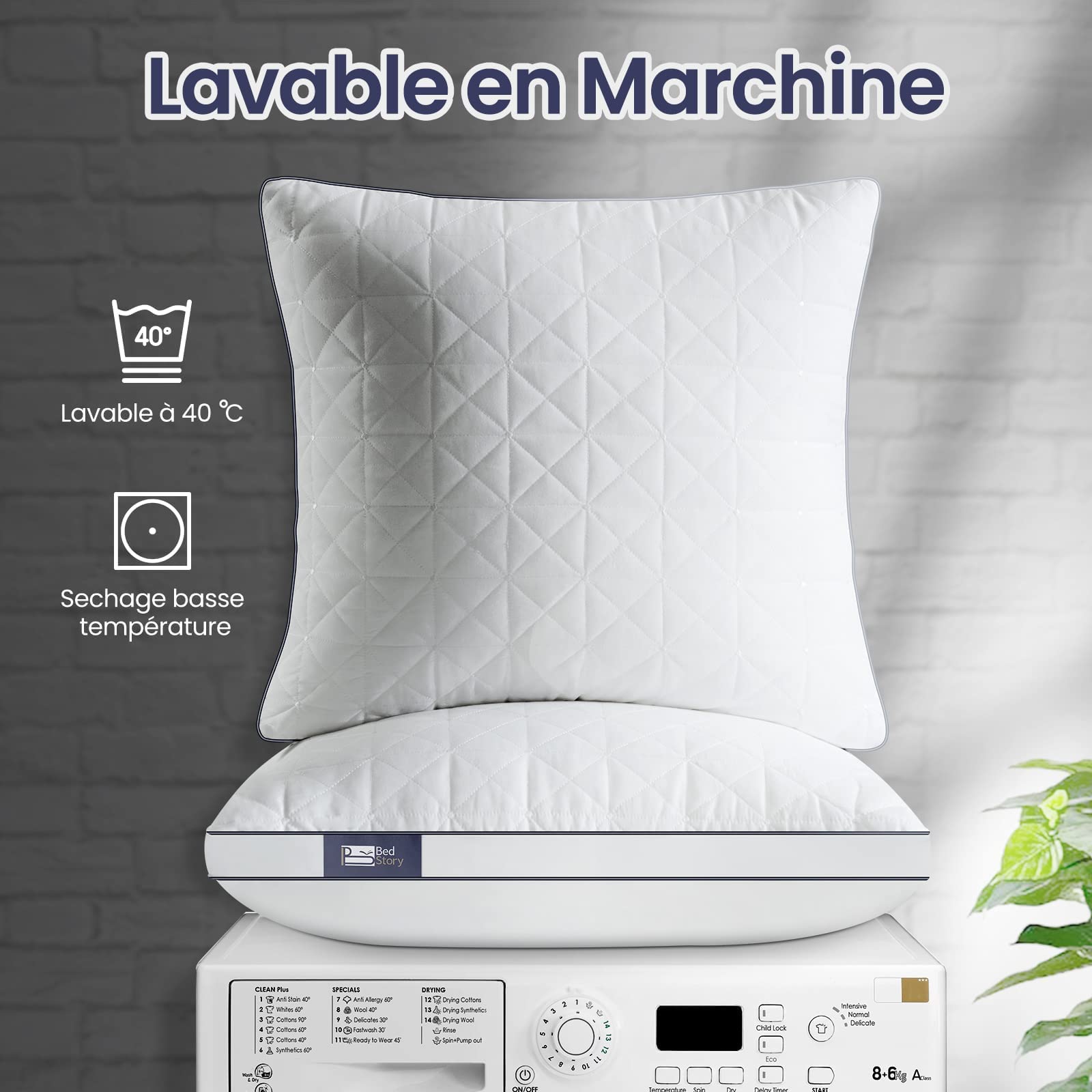 BedStory Oreiller 60x60 Lot de 2, Anti-Acariens à Faible Garnissage Microfibre Hypoallergénique, Qualité Hôtel Moelleux et Respirant, Convient Allongées sur Le Côté Dos Blanc