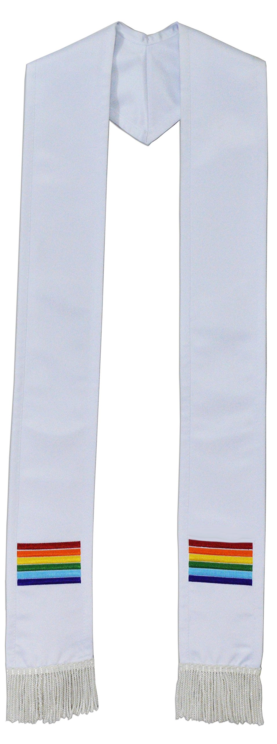 The Sash CompanyDeluxe Bordered Satin Clergy Stole with Embroidered Rainbow Pride Flag with Fringe (Standard, White) [ Made in USA ]