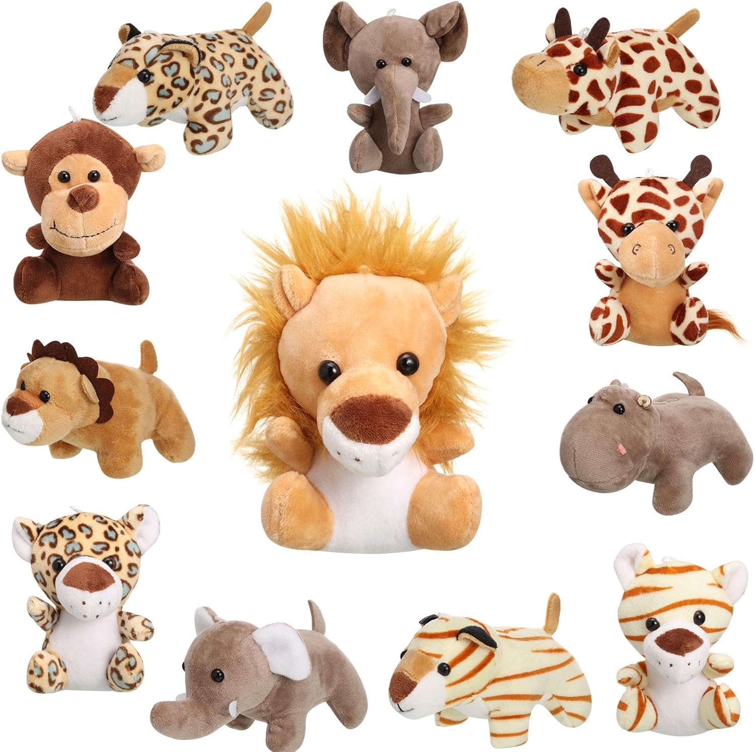 Sumind 12 Pieces Small Stuffed Animals Bulk Gifts Mini Stuffed Forest Jungle Animal Plush Toys 4.8 Inch Cute Elephant Lion Giraffe Tiger for Claw Machine Baby Shower Decorations(Sitting, Lying)