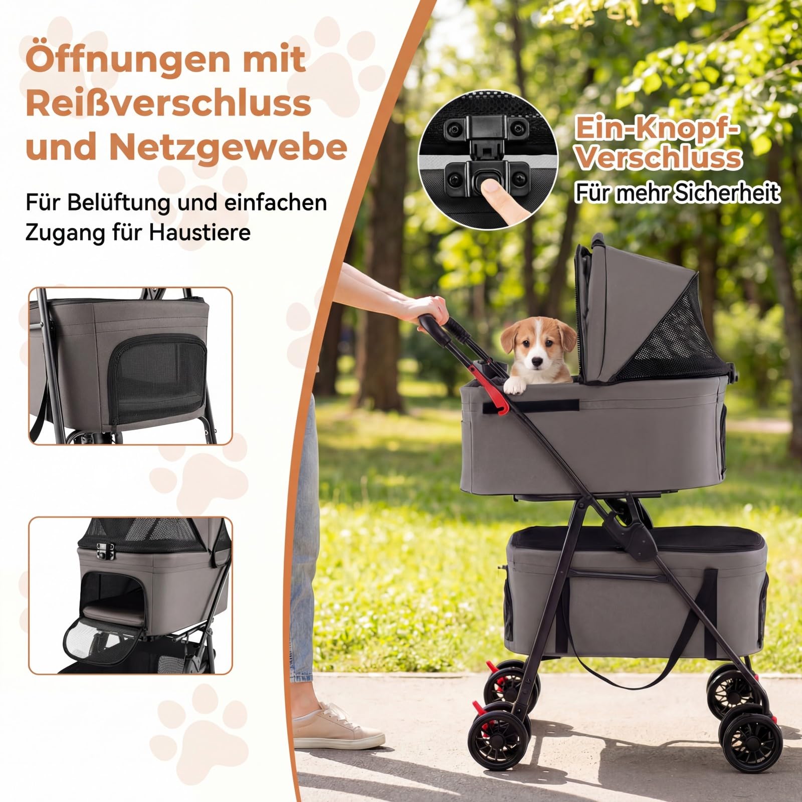 COSTWAY 3 in 1 Hundewagen klappbar, Hundebuggy 2 Etagen, Haustierwagen mit verstellbarem Vordach, Netzfenster & Taschen, Hundebox Transporttasche, Haustierbuggy für Katzen Hunde bis 15 kg (Grau)