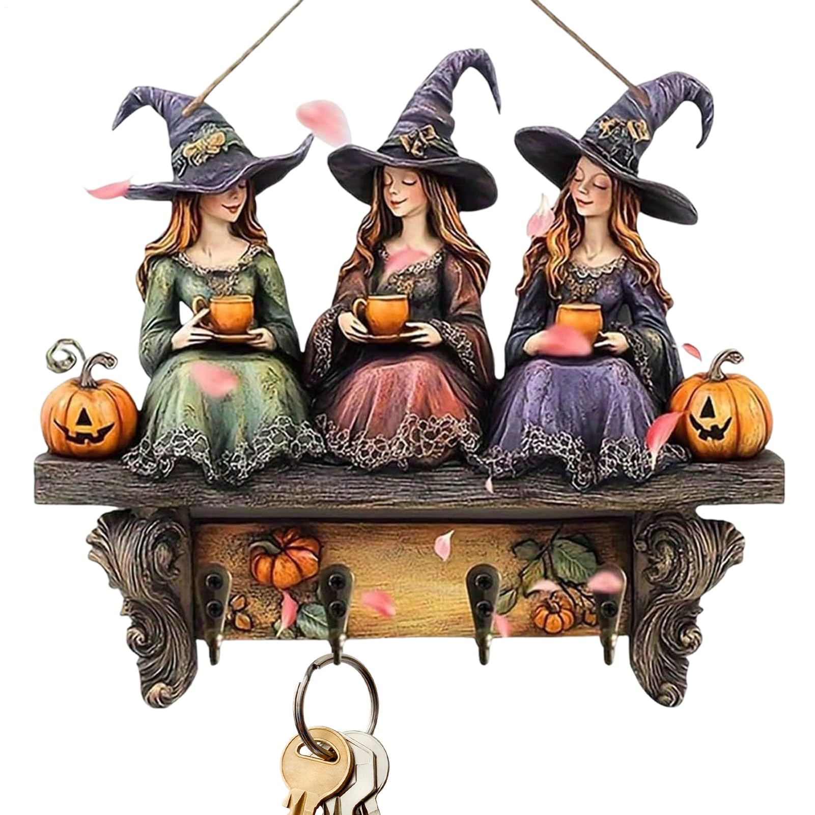 Soporte de llaves de madera para pared con 4 ganchos y diseño de calabaza decorativa